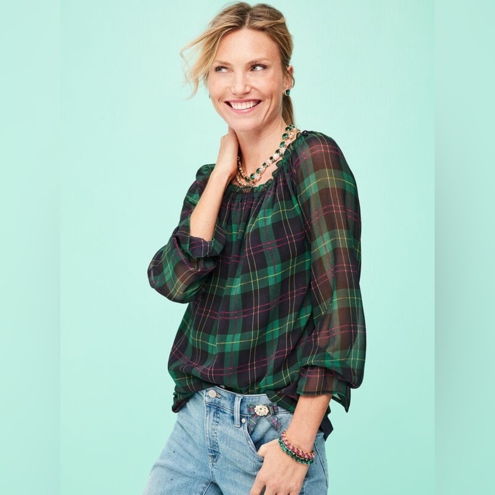 Talbots Tartan Plaid Bell Sleeve Top Women L Blouse Navy Green Ruffle Poet Sleev - Picture 4 of 13